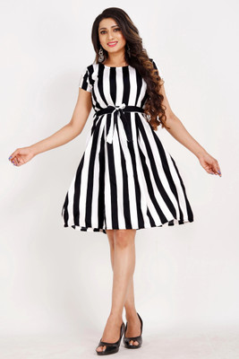 SITARAM FASHIION Women Fit and Flare White, Black Knee Length Dress
