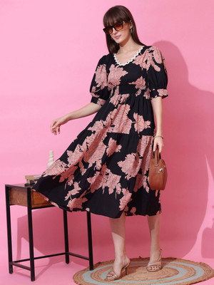 Sheetal Accociates Women Fit and Flare Black, Brown Midi/Calf Length Dress