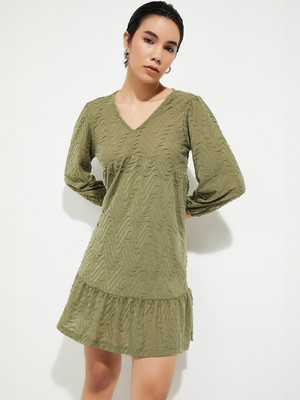 MAX Women A-line Green Above Knee/Mid Thigh Length Dress