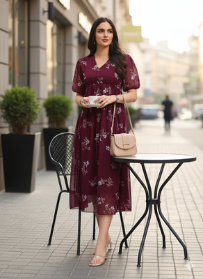 ROSEMELON Women A-line Maroon Midi/Calf Length Dress