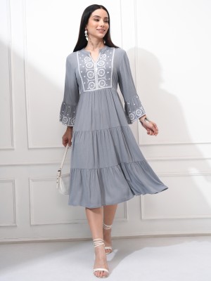 Vishudh Women Fit and Flare Grey Dress