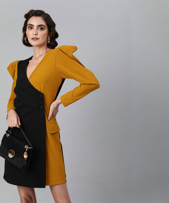 KASSUALLY Women Wrap Yellow, Black Above Knee/Mid Thigh Length Dress