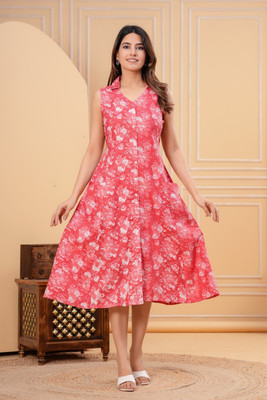 Myaza Women A-line Orange Midi/Calf Length Dress