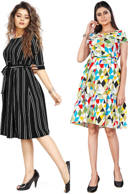 Rinra Women Fit and Flare Multicolor Above Knee/Mid Thigh Length Dress