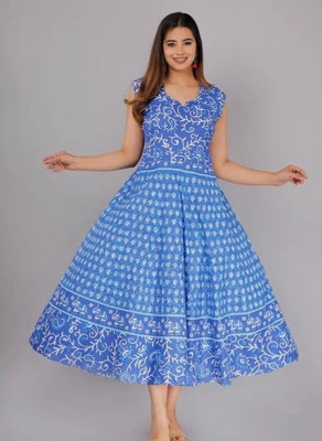 Tankavi Women Fit and Flare Blue Knee Length Dress