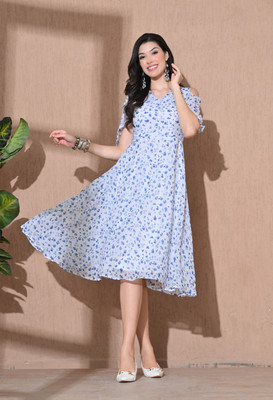 IUGA Women A-line White, Blue Midi/Calf Length Dress