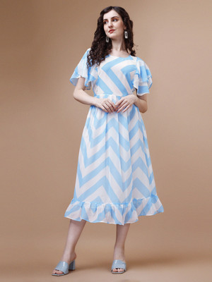 Fashion2wear Women A-line White, Light Blue Midi/Calf Length Dress