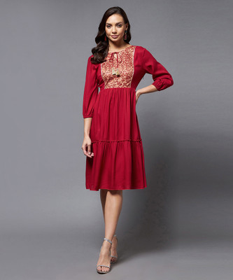 all about you Women Tiered Maroon Midi/Calf Length Dress