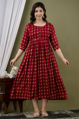 khusi Women Printed Anarkali Kurta(Red)