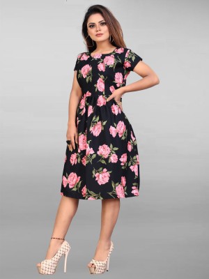 Threadhunter Women A-line Black, Pink Dress