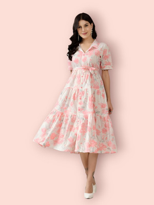 HouseOfCommon Women Fit and Flare White Below Knee Dress