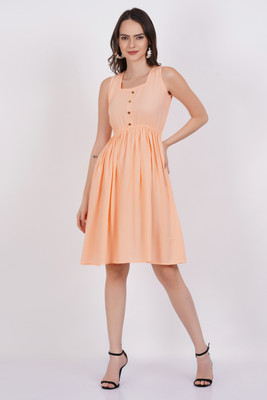 Majestykart Women Fit and Flare Orange Knee Length Dress