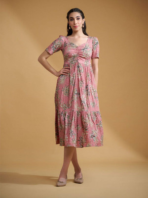 Roadster Women Fit and Flare Pink Knee Length Dress