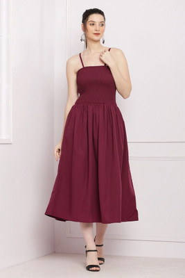 BuyUniqueFashion Women Fit and Flare Maroon Midi/Calf Length Dress