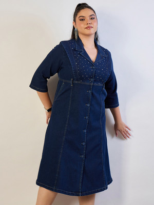 SASSAFRAS Curve Women A-line Dark Blue Midi/Calf Length Dress