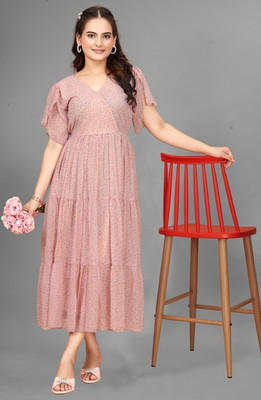 JYOTESTORE Women Fit and Flare Pink Midi/Calf Length Dress