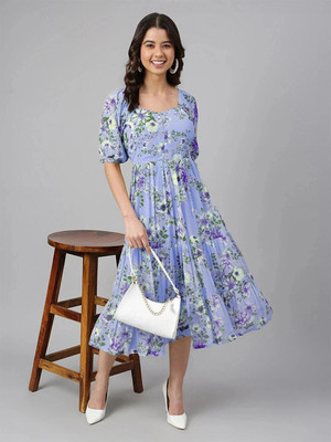 Janasya Women Fit and Flare Purple Midi/Calf Length Dress