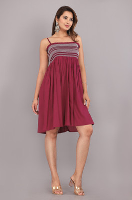 Kallolini Women Fit and Flare Maroon Knee Length Dress