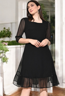 IUGA Women Fit and Flare Black Midi/Calf Length Dress