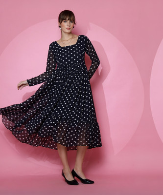 Honky Tonky Women Fit and Flare Black Midi/Calf Length Dress