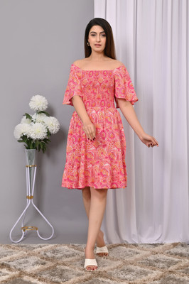 IQRAAR Women Fit and Flare Pink Above Knee/Mid Thigh Length Dress
