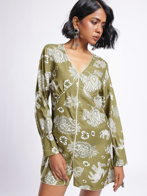 Glitchez Women A-line Green, White Mini/Short Dress