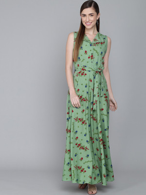RUDRAKRITI Women Fit and Flare Green Maxi/Full Length Dress