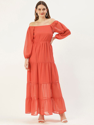 Dressberry Women Fit and Flare Orange Maxi/Full Length Dress
