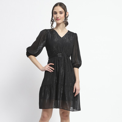 MADAME Women A-line Black Above Knee/Mid Thigh Length Dress