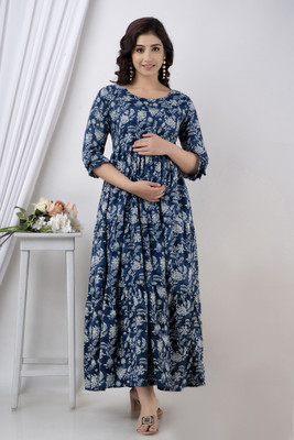 Henal Women Fit and Flare Blue Maxi/Full Length Dress