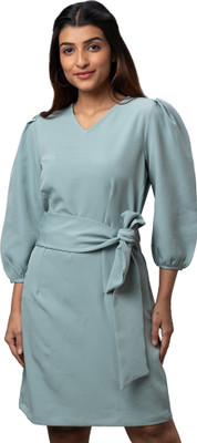 Globus Women Fit and Flare Light Blue Knee Length Dress
