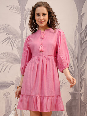Vishudh Women Tiered Pink Knee Length Dress
