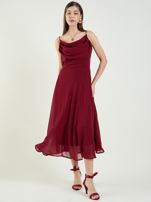 METRONAUT Women Fit and Flare Maroon Midi/Calf Length Dress