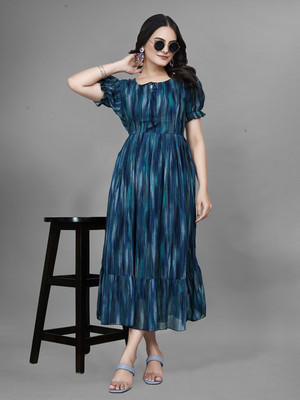 FlageFerray Women A-line Blue Midi/Calf Length Dress