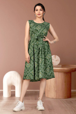 Lnfashionn Women A-line Green Knee Length Dress