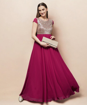 all about you Women Fit and Flare Pink Maxi/Full Length Dress