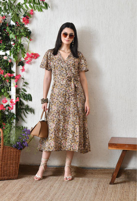 DECKEDUP Women Wrap Brown Midi/Calf Length Dress