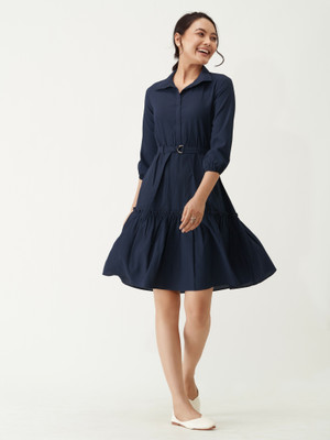 AASK Women Peplum Dark Blue Above Knee/Mid Thigh Length Dress