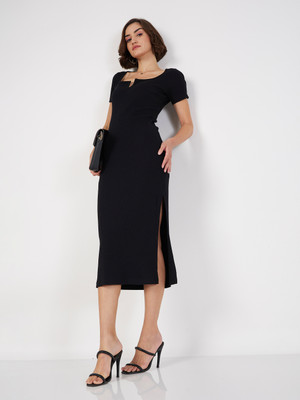 SASSAFRAS Women Bodycon Black Midi/Calf Length Dress