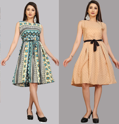 maruti fab Women Fit and Flare Beige Knee Length Dress
