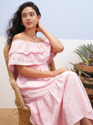 Vishudh Women Fit and Flare Pink Midi/Calf Length Dress