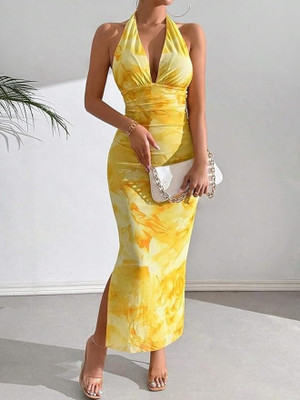 Caozynest Women Bodycon Yellow Ankle Length Dress