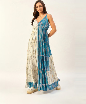 DRAPE AND DAZZLE Women Fit and Flare Blue Maxi/Full Length Dress
