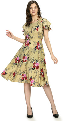 THE PREEGO Women Fit and Flare Beige Knee Length Dress