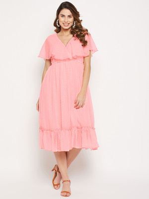 BITTERLIME Women Fit and Flare Pink Midi/Calf Length Dress