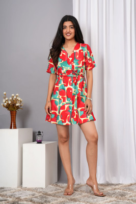 IQRAAR Women A-line Red, Green Mini/Short Dress