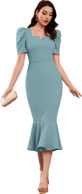 srcreation Women Bodycon Light Blue Below Knee Dress