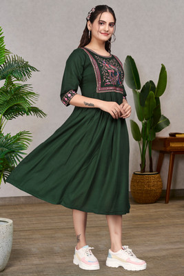 ShopGlobal Women A-line Green Below Knee Dress