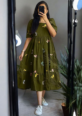 Shenz Women Ethnic Dress Green Midi/Calf Length Dress