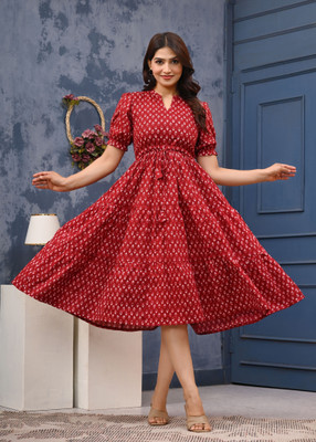 Label Adrija Women Gathered Red Midi/Calf Length Dress